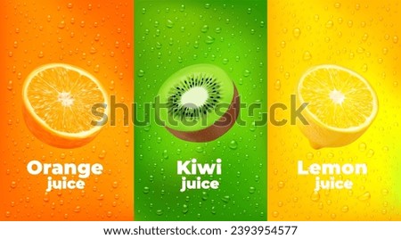 Water drops fruit juice background with orange, kiwi and lemon fruits. Vector vertical banners with realistic 3d tropical plant halves and scatter dews. Templates for drink, lemonade or cocktail ads