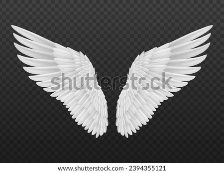 Realistic isolated angel wings with white feathers. Isolated 3d vector graceful and ethereal symbol of divine protection and spiritual guidance, evoke a sense of heavenly beauty and serenity