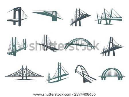 Bridge icons, vector city constructions of suspension, tied arch and cable stayed road bridges with towers, stone and metal girders. Urban architecture, bridge building and transportation symbols