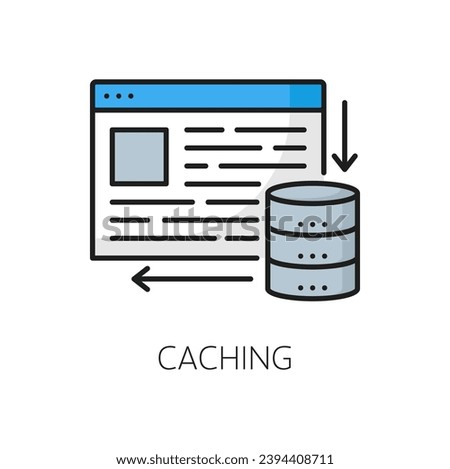 Caching. CDN. Content delivery network icon, website technology thin line sign, blog portal content delivery, upload and update service, CDN outline vector symbol or pictogram with webpage