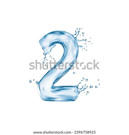 Liquid water number two with splash bubbles, transparent type font, aqua typeface, wet english digit. Isolated realistic vector lifelike aquatic 2 sign mimics the fluidity and elegance of water effect