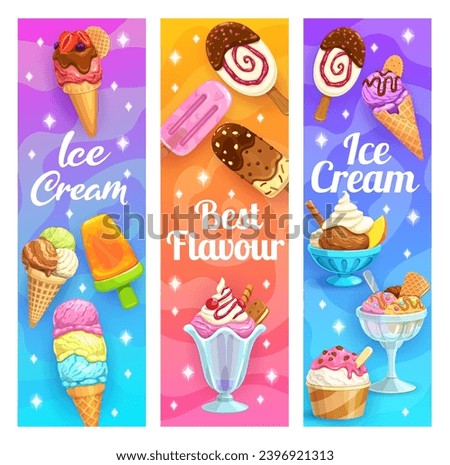 Cartoon sundae, ice cream stick and cone, vanilla and chocolate, fruit juice ice pop, vector banners. Ice cream cafe or gelateria menu backgrounds with sweet frozen desserts, fruit and berry ice cream