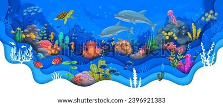 Underwater paper cut landscape with dolphin, turtle, seaweeds and fish shoals. Marine animal and plant scene, ocean aquatic life vector backdrop with sea bottom wildlife animal, corals and seaweeds