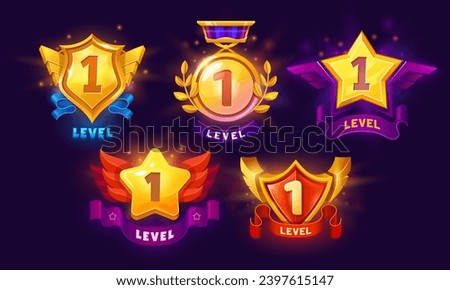 Game level up badges, award icons. Cartoon vector online gamer reward points. Golden trophy medal, shields and stars with number one, laurel and ribbons. App ui pop up level complete winner prize