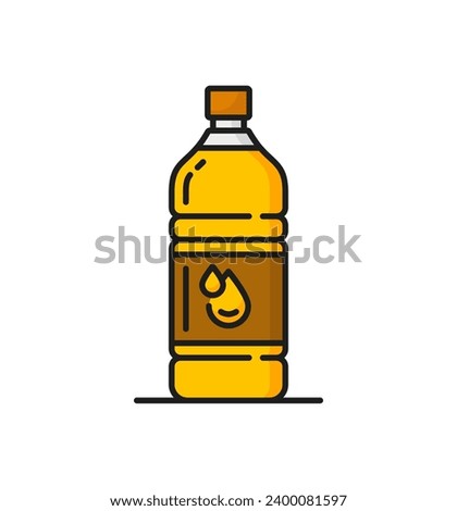 Rapeseed, canola oil icon, features a slender, yellow plastic bottle with a drop label, showcasing golden liquid, representing its use in cooking and food preparation. Isolated vector thin line sign