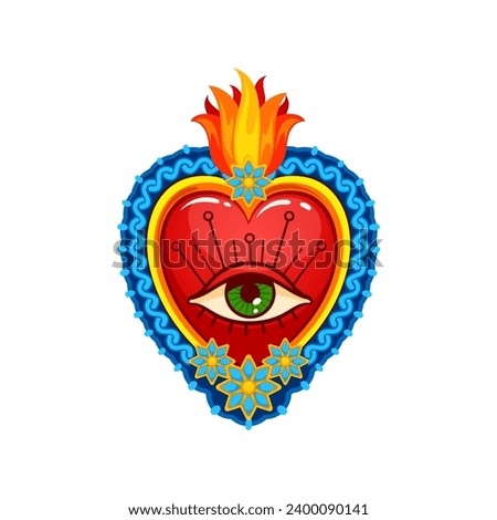 Mexican sacred heart tattoo and symbol. Isolated cartoon vector vibrant and intricate representation with eye, fire and flowers, embodies devotion, love, and spirituality, signify passion, sacrifice