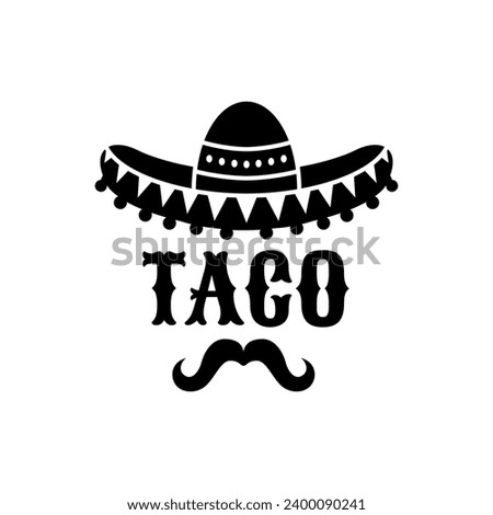 Mexican sombrero and taco with mustaches, vector icon for Tex Mex cuisine and food bar. Mexican taco sandwich sign for fast food restaurant menu, sombrero silhouette with ethnic Latin ornament