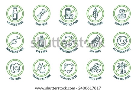 Sugar, gluten, GMO, lactose free icons and signs. Steroids, parabens and hormones, antibiotics, soy, allergen and palm oil, trans fat, nuts, egg contain in food product outline symbol pictograms