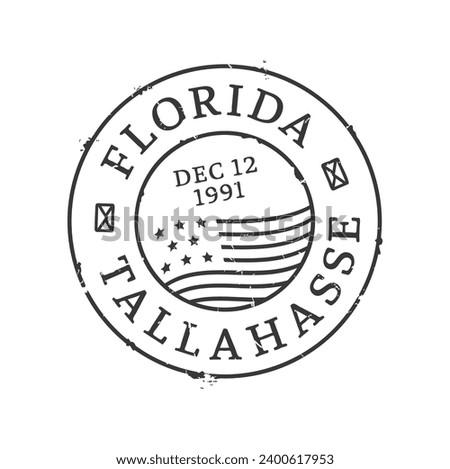 Tallahassee postage and postal stamp. Letter or parcel departure country, USA Florida region ink stamp, mail delivery service United States Tallahassee city vector imprint or postal envelope seal