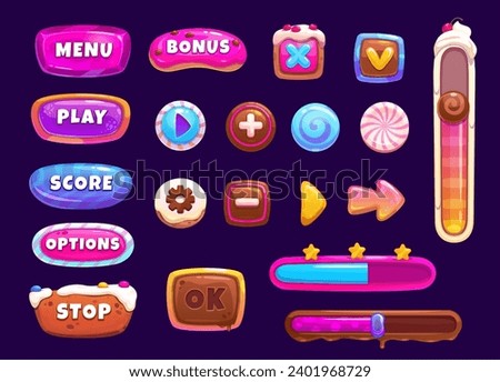 Game interface candy buttons and window, loading bar, slider, menu panel. Mobile game user or app sweet desserts interface, options and media candy and bakery buttons, volume sliders, GUI elements set