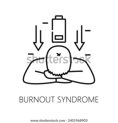 Burnout syndrome. Psychological disorder problem, mental health icon. Psychotherapy, human psychology or mental disorder problem thin line vector icon with tired, stressed man, low energy battery