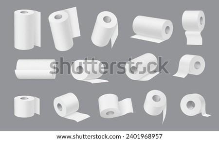 Realistic toilet and towel paper, hygiene icons. Kitchen cleaning towels. Lavatory, bathroom toilet paper rolls or tubes, shop payment receipt spools isolated 3d vector mock up set