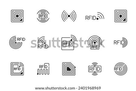 RFID. Radio frequency identification technology icons, wireless payment electromagnetic copper coil monochrome thin line symbols. Identification and tracking RFID system outline pictograms set