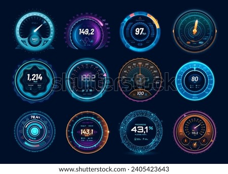 Speedometer neon dial, car and internet traffic speed gauge dashboard, futuristic counter interface, vector HUD elements. Digital charge, speed meter and connection test indicators, race sport game