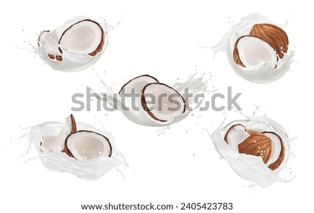 Realistic coconut milk drink and splash with drops, vector food and cosmetics. 3d halves of coco nuts, tropical palm coconut fruits with vegan milk wave splashes, white creamy swirls and droplets