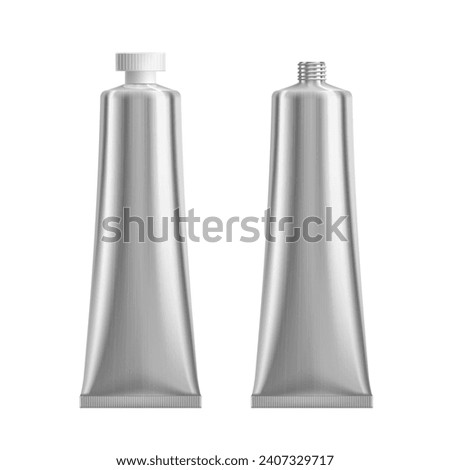 Realistic aluminium metal tube of cream or glue, aluminum container vector package. Gel, toothpaste or cosmetic moisturizer aluminium tube mockup open and with screw cap for product blank package