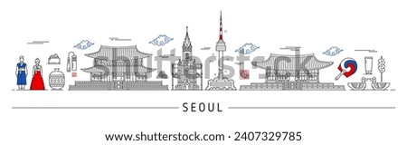 Seoul silhouette, Korean travel landmarks and city skyline in vector line. South Korea travel and Seoul panorama buildings, architecture cityscape, people in traditional costumes and Korean landmarks