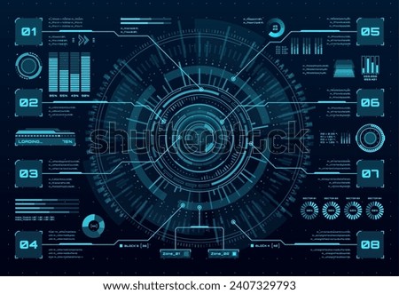 HUD data screen, digital dashboard interface and virtual infographics, vector UI panel. HUD technology and future game chart graphs, space dashboard digital controls and info bar visual infographics