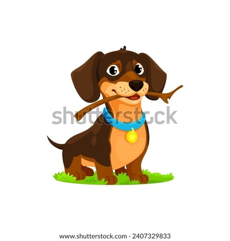 Cartoon dachshund dog puppy character. Vector charming pet with floppy ears and a wagging tail, sitting on grass with wooden stick in teeth, radiating playful energy and a lovable adorable nature