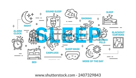 Sleeping infographics of healthy sleep and bedtime with vector outline icons. Sleeping and body rest thin line tips for earplugs, sleep mask or blackout curtains and alarm clock, snoring and snoozing