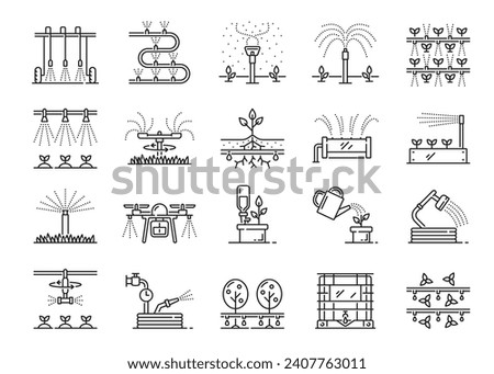 Drip water irrigation system icons. Garden and farm field sprinkler, irrigate technology. Farmland drip watering automatic system, garden aquaponics equipment outline vector pictograms or line signs