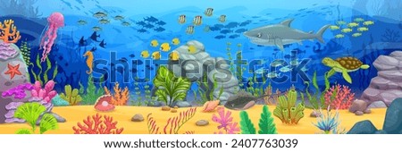 Long banner with sea underwater landscape. Cartoon shark and turtle, fish shoals, seaweeds and corals on sand bottom vector background. Blue water waves with jellyfish, seahorse, starfish, stingray