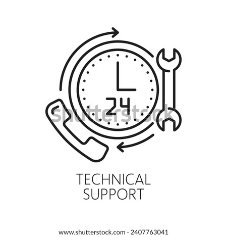 Technical support. CDN. Content delivery network icon, Internet portal user or customer support service, network administration system, CDN outline vector symbol with 24h clock, phone and wrench