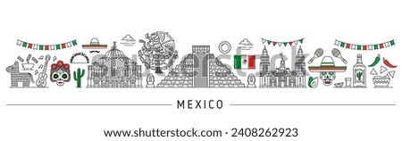 Mexico silhouette. Mexican travel landmarks. Latin America country journey line vector background with Inca pyramid, Mexico Palace of Fine Arts and cathedral, Tex Mex food and Day of the Dead symbols