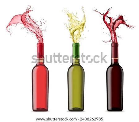 Wine alcohol bottle with splash. Isolated 3d vector three realistic elegant flasks with captivating splashing of red, rose and white drink embodying the rich flavors waiting to be uncorked and savored