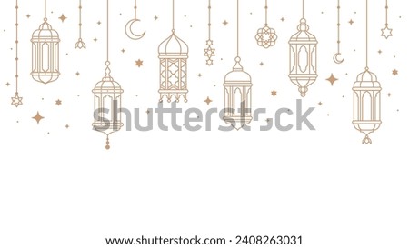 Ramadan kareem arabian lanterns and lamps border. Middle east antique kerosene hanging light underline or border, mosque ancient gas lamp or muslim ramadan karem lantern vector divider or separator