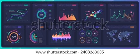 Dashboard data charts, infographics, graphs and info diagrams. Business presentation charts, finance performance and market analysis infographics vector panels with wold map, graphs and diagrams