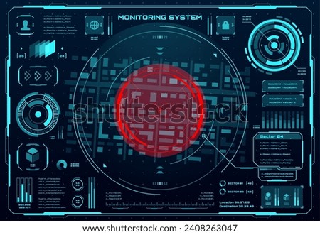 Surveillance HUD monitor screen, military security or spyware system technology, vector map. HUD surveillance radar interface with cyber spy controls, digital UI dashboard for aim location monitoring