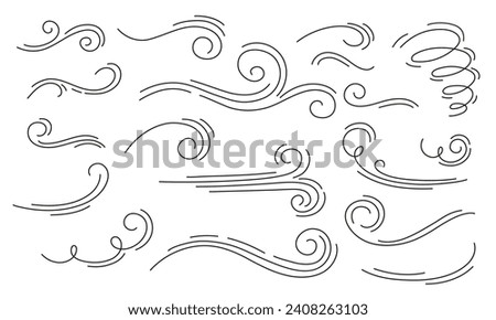 Doodle air wind motions, hurricane blow and windy storm flow waves, vector cartoon effects in line art. Autumn wind blowing in speed motion, windy spiral clouds of winter hurricane or summer breeze