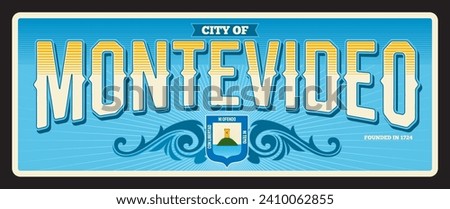 Montevideo capital city of Uruguay. Vector travel plate or sticker, vintage tin sign, retro vacation postcard or journey signboard, luggage tag. Plaque with year and coat of arms seal