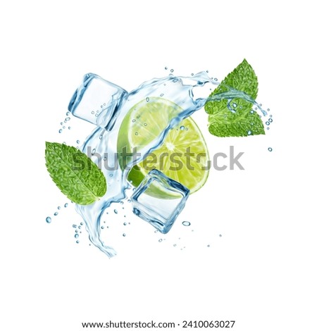 Mojito, ice cubes, lime fruit, realistic water splash and mint. 3d vector wave swirl with citrus fruit half, water drops and frozen blocks. Isolated liquid flow, tea, cocktail or refreshing beverage