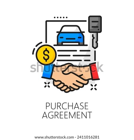 Car purchase agreement line icon for auto dealership and automobile store salon, vector symbol. Car buy deal and purchase agreement color line pictogram for automotive trade center and client service