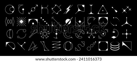 Futuristic brutalism shapes and elements, abstract geometric figures, vector icons. Brutalism geometry and simple primitive figures or minimal line symbols of abstract star, sun or triangle shapes