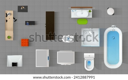 Top view interior or bathroom with furniture on floor, isolated vector bath or toilet room design. House or home apartment interior items bathtub, sink and shower in WC, table and washing machine