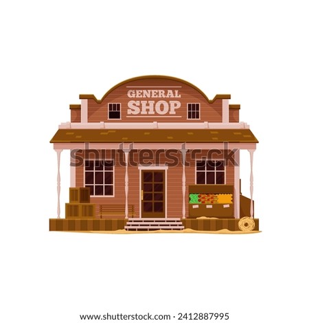 Western Wild West town general shop cartoon building. Vector old american Western country street scene, cowboy town building of general store, retail shop or grocery with wooden showcase, boxes, bench