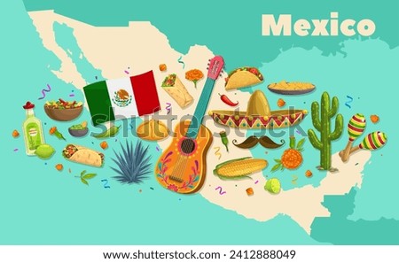 Mexico map with national flag, cuisine food, musical instruments and desert plants. Latin America country travel, Mexican culture vector concept with guitar, sombrero, Tex Mex meals, agave, tequila