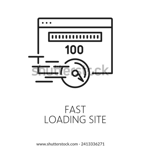 Fast loading site. CDN. Content delivery network icon, web blog or Internet portal data storage and backup server, website media publishing, CDN outline vector sign with connection speed test page