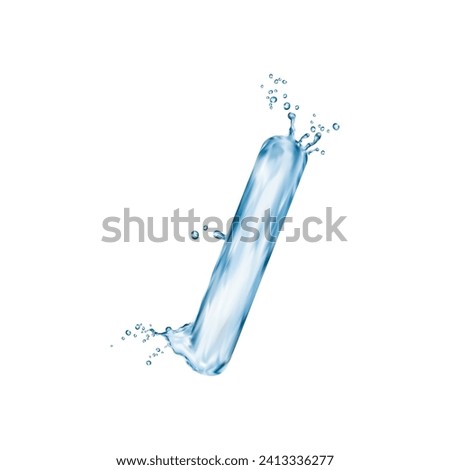 Liquid water slash sign with splash bubbles, transparent type font, aqua typeface, wet aquatic typography. Isolated 3d vector refreshing symbol, character capturing realistic fluid beauty of nature