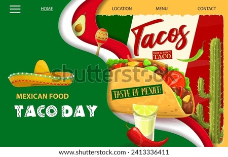 Mexican cuisine delivery landing page with tacos for Tex Mex food website, vector template. Mexican cuisine fast food restaurant or bar landing page with buttons, chili peppers, avocado and tequila