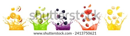 Juice fruit mix splash. Isolated realistic 3d vector liquid corona splashing set. Fresh summer vitamin drink whirl with droplets, ripe berries, orange, mango, apple an kiwi. Figs, watermelon, lemon