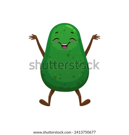 Cartoon Mexican jumping avocado character with happy smile, vector emoji or kawaii emoticon. Cute cheerful avocado jumps laughing for happiness or fun, kids food character or personage