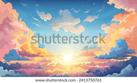 Sky sunset anime background with clouds, that dance across the horizon, creating a breathtaking and serene backdrop. Cartoon vector cumulonimbus cloudscape, heaven, nature peaceful dusk landscape