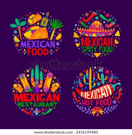 Mexican cuisine icons of burrito, taco and sombrero, Mexico restaurant menu vector signs. Tex Mex and Mexican cuisine fast food symbols of tequila, cactus and nachos with colorful floral ornament
