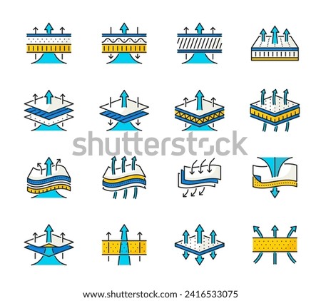 Color breathable icons. Underwear breathing textile stack, mattress moisture absorbing fiber layer or hygiene water resistant material structure outline vector icon. Waterproof fabric stack pictogram
