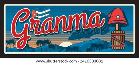 Granma, Cuban region plate, vintage travel plaque and sticker with vector flag and coat of arms Phrygian cap, mountain landscape, mariposa sign and sunset or sunrise
