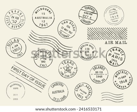 Postage and postal stamps. Canada, USA and European countries post town ink stamp. Toronto, Orlando and Montreal, Paris, Milan and Berlin postal envelope vector retro postal mark, stamp or imprint